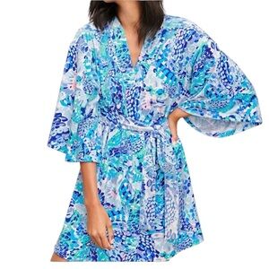 Lilly Pulitzer Elaine Wave After Wave Velour Tropical Printed Mini Robe L/XL